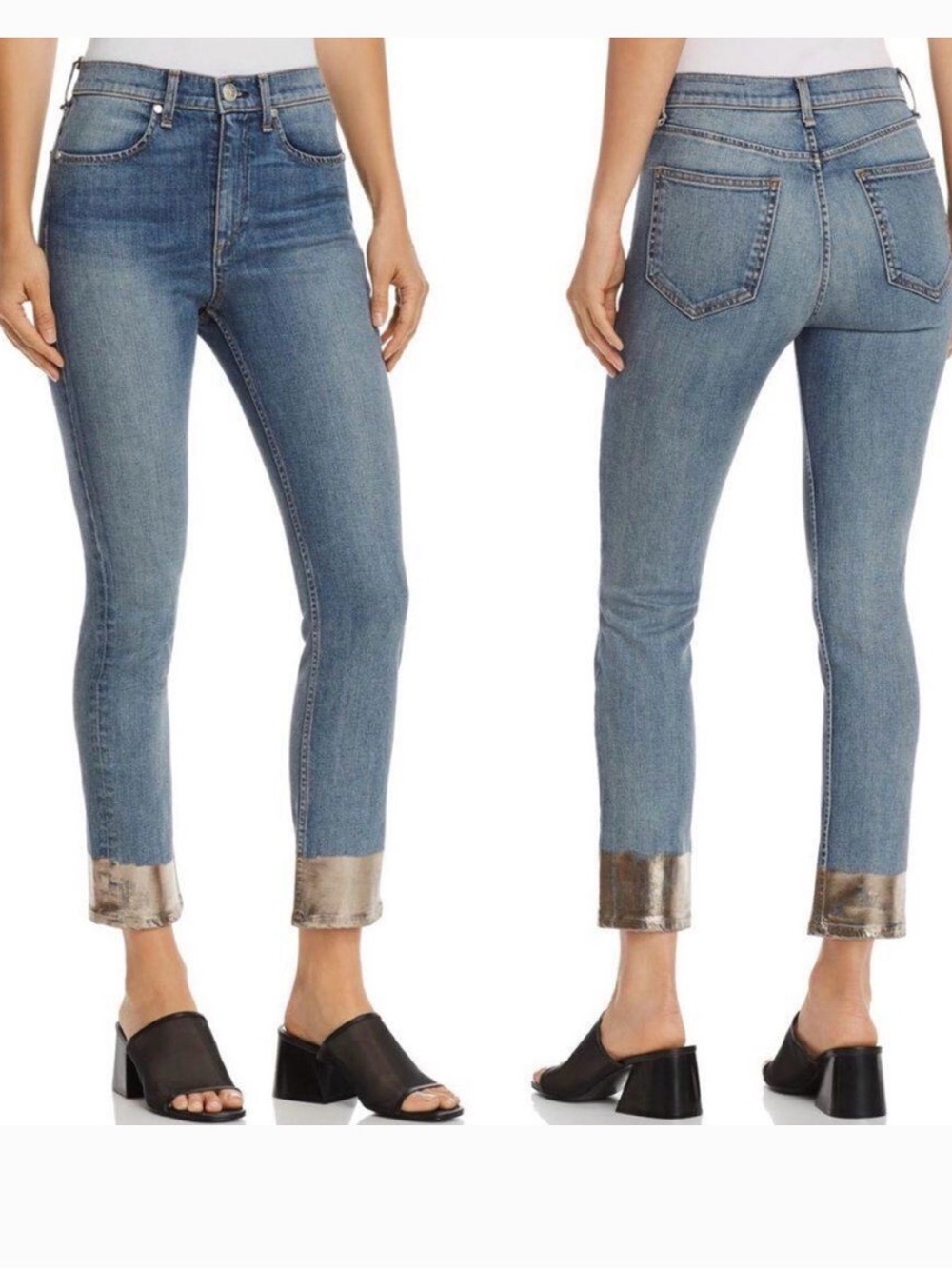 rag & bone Straight Leg Blue Jeans with Metallic Silver Hem